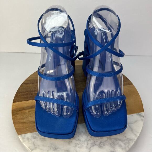 EUC Zara EU 39/US 8.5 Blue Strappy Retro Chunky Platform Heel Square Toe Sandals - Picture 11 of 14